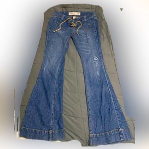 Mission Supply Flare Peace Sign Pocket Lace Up Jeans Size 9